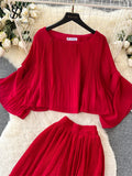 Senior Pleated Suits Long Flare Sleeves Ruched Top+High Waist Wide Legs Pants Female 2023 Autumn Solid Streetwear