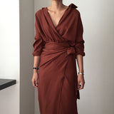 Women Casual V-neck Cotton Linen Midi Dress Full Sleeve Lace Up Female Elegant Solid