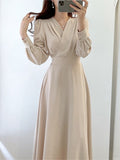 Dresses for Women Vintage Robe V-neck Puff Sleeve Folds Vestidos Mujer High Waist Temperament