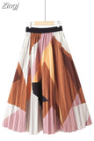 Spring Summer Fashion Midi Long Pleated Skirt Women Striped Print Elegant Chic Casual High Waist A Line Skirts
