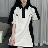 Zingj Short Sleeve T-Shirt Women's Summer Color Splicing Lapel Logo Joker Top Half Sleeve Casual T-Shirt