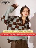 Plaid Sweater Women 2022 Autumn Korean Fashion Turn-down Collar Pullover Knitted Tops Casual Female Clothing
