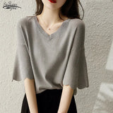 Women's Summer Knitted Shirt Petal Sleeve V-neck Solid Tops Loose Short Sleeve Ice Silk Sweater Women Fashion Shirt