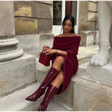 Burgundy Off Shoulder Fold Knit Midi Dress- Outfit