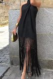 Black Backless Dress Woman Fringed Halter Sexy Party Dress Women Summer Off Shoulder Midi Dresses Evening Dresses For