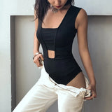 Sexy Hollow Women's Jumpsuit Round Neck Black Slim Fit All-match Thin Rompers