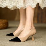 Spring And Summer New Splicing Brown Light Mouth Single Shoes Female French Pointed Female Thin Heel Simple Temperament High