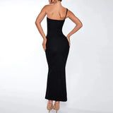 Black One Shoulder Slit Design Maxi Dress- Outfit