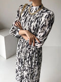 Summer Office Lady Print Pleated Dresses Female Bandge Elegant Chiffon Vestidos Women Fashion