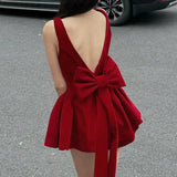 Red Backless V Cut Bow Mink Dress-Outfit