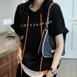Fashion Women Short Sleeve Loose T-shirt All-matched Casual Hooded Tee Shirt Femme Letter Print Tops 100% Cotton