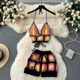 Zingj Wind Knit Suit Female Summer Hollow Out Embroidered Back Sling With Chest Sweet Cool Hot Girl Short
