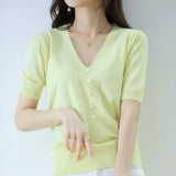 Silk Knitted Sweater Short-Sleeved Women's Summer New V-Neck Pearl Button T-Shirt Loose And Thin Short Five-Point Sleeve