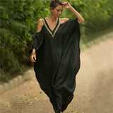 Sexy Cold Shoulder V Neck Bats Sleeve Loose Summer Beach Dress Plus Size Women Beachwear Kaftan Black Dress
