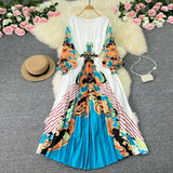 Zingj New Women's Dress Oversized Skirt Print Pleated Waist Lace Holiday