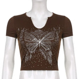 Hot Sale Hip Hop Streetwear Butterfly Print Brown Women Crop Top Summer O Neck Goth Punk E-girl T-shirt Y2K