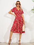 Queens Women Floral Print Short Sleeve Beach Sexy Bohemian Midi Dress Ladies V-neck Boho Sundress