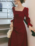 Red Long Dress Women Vintage Square Collar Chic Sequin Design Formal Occasion Dress Casual Wedding Evening Party