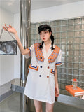 Designer White Short Sleeve Blazer Dress Women With Cape Double-Breasted Korean Fashion Mini Dress 2021 Trend