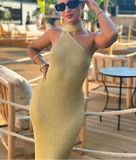 Beige Draped Halter Neck Knit Midi Dress- Outfit