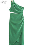 2023 Cut Out Long Dress Women Asymmetric Green Sleeveless Dress Woman Ruched Off Shoulder Midi Summer Elegant Party