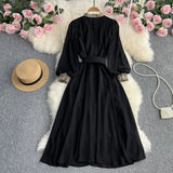 Zingj Sense Wear Temperament Long-Sleeved Autumn Dress Women's Niche Design Lace Spell Receive Waist Small Black