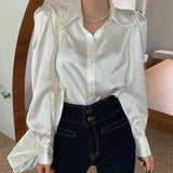 Bubble Sleeve Loose Satin Button Lapel Shirt Elegant Women Shirt Tops White New Chic Women Blouse Blusas Mujer