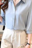 Women Shirt Three Quarter Sleeve Blouses for Women Satin Blouses and Shirts Summer Fashion Women Clothing White Women