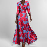 Women's Fashion Elegant Temperament V-Neck Print With Large Skirt Dress Dress
