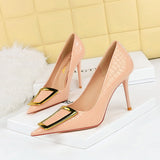 Zingj Korean Version Of Fashion And Slender Thin Heel Shallow Pointed Metal Buckle Single Shoes Women's High