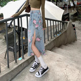 Fashion Denim Long Skirts For Womens Summer Blue High Waist Raw Edge Slit Vintage Washed Printing Korean Style Casual