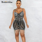 Sexy New Crystal Rhinestone Sheer Bodycon Dress Women Strap Hem Diamond Tassel Night Clubwear Mini