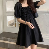 Women Black Fairy Puff Sleeve Sweet Mini Vintage Party Lovely Female Simple Japanese Style Popular Summer Square