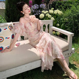 Zingj Word Shoulder Bubble Sleeve Chiffon Floral Sling Dress 2023 Summer Minority Design Show Thin