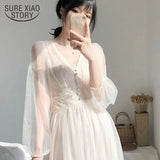 Size Elegant Button A-Line Vestidos White Dress Women 2022 autumn Puff Sleeve Empire V-Neck Lace Voile Mesh Dresses