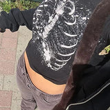 Vintage Skeleton T-Shirt Y2K Aesthetic Gothic Harajuku Grunge Graphic Print Crop Top Punk Streetwear Women Summer Sweat