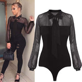 Bodysuits Long Sleeve Elegant O Neck Solid Lace Up Slim Skinny Ladies Sexy Club Party Fashion Leotard Rompers womens