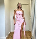 Strapless Pink Tie Up Mesh Midi Dress-Outfit