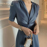 2022 Summer Women Satin Dress Short Sleeve Vintage Elegant Lady Office Red Blue Yellow Sexy Silk Party Midi