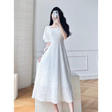 Elegant White Midi Dresses for Women 2023 Vintage Casual Short Sleeve A-Line Fashion Party Vestidos Femme Clothes