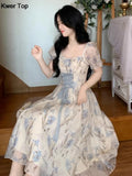 Fashion Lace Fairy Midi Dress Summer Kawaii Puff Sleeve Princess Evening Party Vestidos Women Casual Lolita Dress