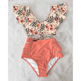 Ruffled Hem Bikini Set Women Flora V-Neck High-Waisted Two Piece Swimsuit 2023 Girl Beach Bathing Suit Swimwear