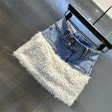 Faux Fur Trim Denim Mini Skirt- Outfit