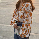 Shirts Women Notched Loose Spring Long Sleeve Floral Elegant Korean Vintage Sweet French Style High Street Chiffon