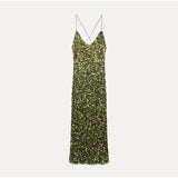 Green Sequin Backless Sling Maxi Dress-Outfit
