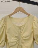 Summer Casual Pleated Split Dresses Women Puff Sleeves Front Button O-Neck Yellow Dress Female Vestido De Mujer