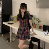 Plaid Dress Women Elegant Vintage Dresses 2022 Summer Kawaii Preppy Style Short Sleeve Korean Fashion