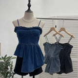 Real Shoot Hottie Vintage Cowboy Sling Vest Irregular Wood Ear Short-Term Waist Sleeveless Top