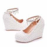 Lace Wedding Shoes Slope Heel Single Shoe Buckle With Slope Heel Waterproof Table Large Size Shoes