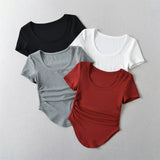 Zingj Trendy Women's Wear U-Collar Ant Waist Tight Pleated Short-Sleeved T-Shirt Spice Girl Curved Hem Sexy